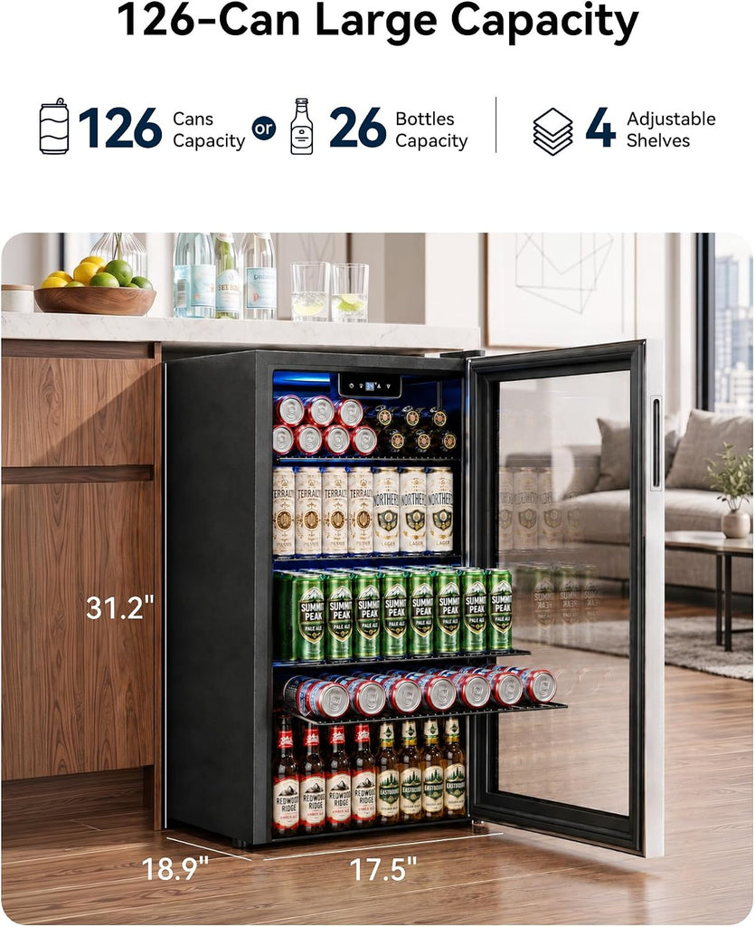 Beverage Refrigerator Cooler - 126 Can Mini Fridge Glass Door for Drinks Soda Beer Wine