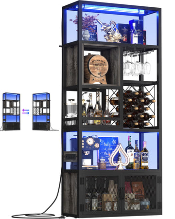 82.6" Tall Bar Cabinet with Power Outlets & LED Lights, Liquor Cabinet Bar, Reversible Coffee Station Wine Cabinet