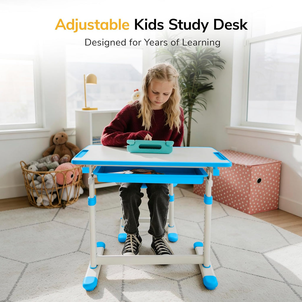 Kids Desk and Chair Set, Height Adjustable Sturdy, Kid Study Workstation and Chair Set for Boys, Home School, Arts
