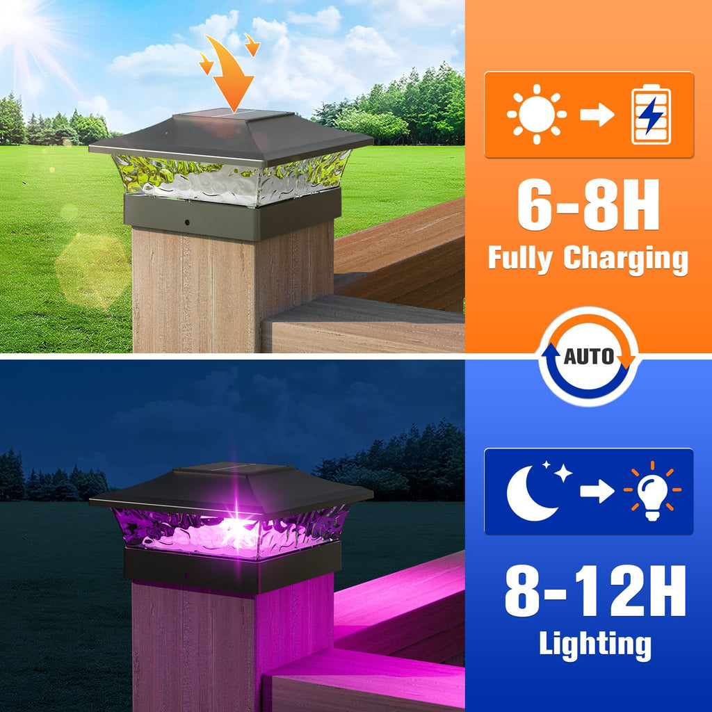 Solar Post Cap Lights with 8 RGB Solid Colors & Multicolor Flow - 12 Pack 6x6 Post Cap Solar Light, IP65 Waterproof