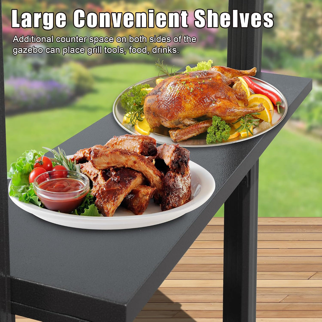 8x5FT Hardtop Grill Gazebo, Outdoor BBQ Gazebo with 2 Side Shelves and Ceiling Hook