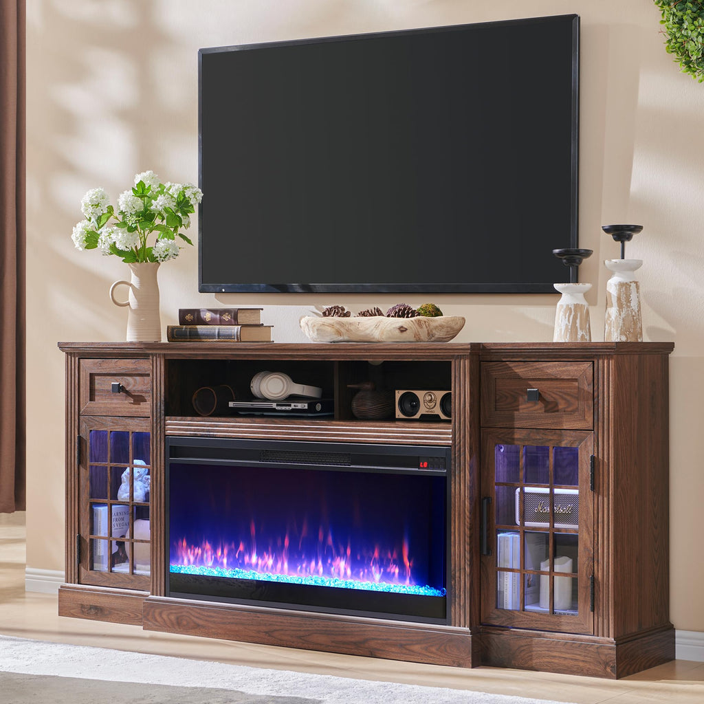 Farmhouse Fireplace TV Stand for 80Inch TV with Crystal Fireplace, Brown