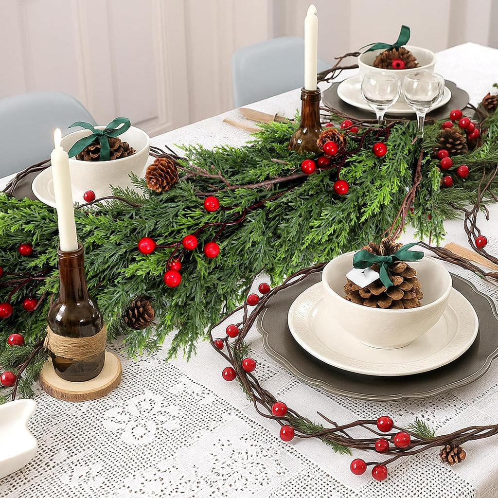 Faux Cedar Christmas Garland with Red Berries & Pine Cones - Full Faux Winter Greenery for Holiday Mantel, Staircase