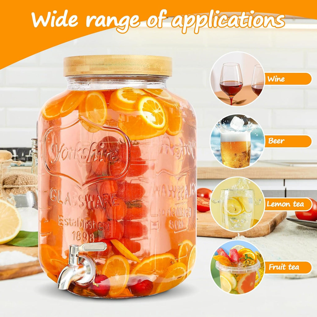 2 Gallon Drink Dispenser with Stand, With Wood Stand, 18/8 Stainless Steel Spigot and Labels Large Water Drink