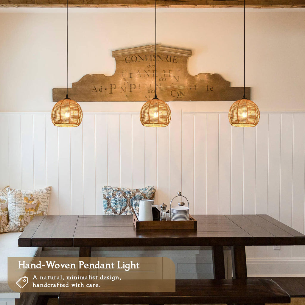 3 Pack Wicker Pendant Light Natural Boho Chandelier Light Fixture Dome Rustic Farmhouse Pendant Lights Rattan Light