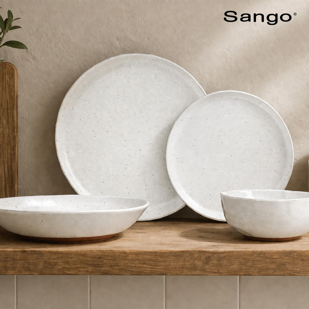 16-Piece Boho Farmhouse Stoneware Dinnerware Set for 4, Semi-Matte White Plates and Bowls Sets with Rustic Speckled