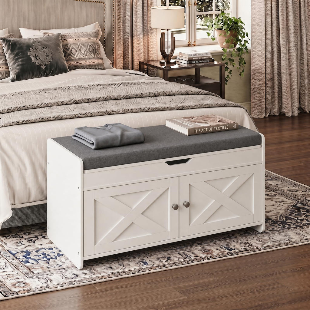 Shoe Storage Bench with Seating, Farmhouse Entryway Bench, Cream