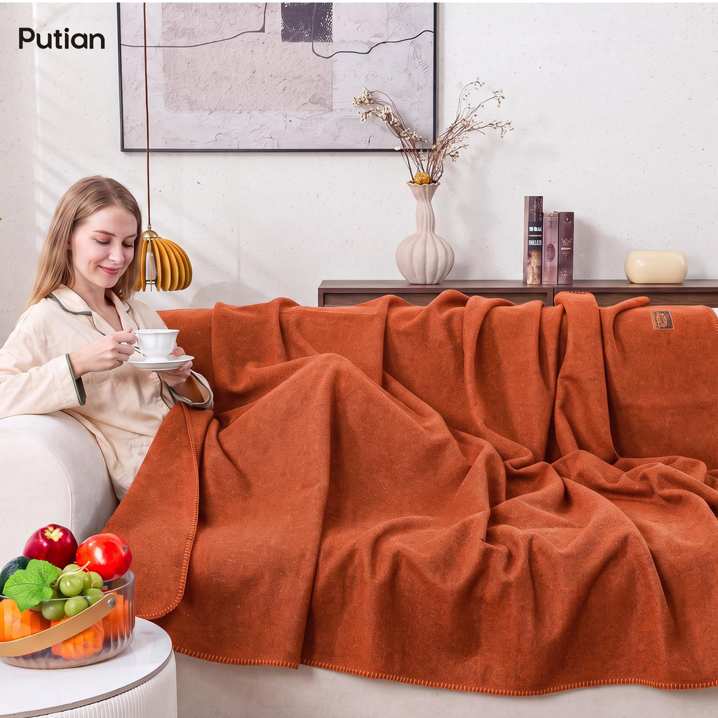 100% Wool Blanket - Camping Outdoor Blanket, 63"×87", Orange