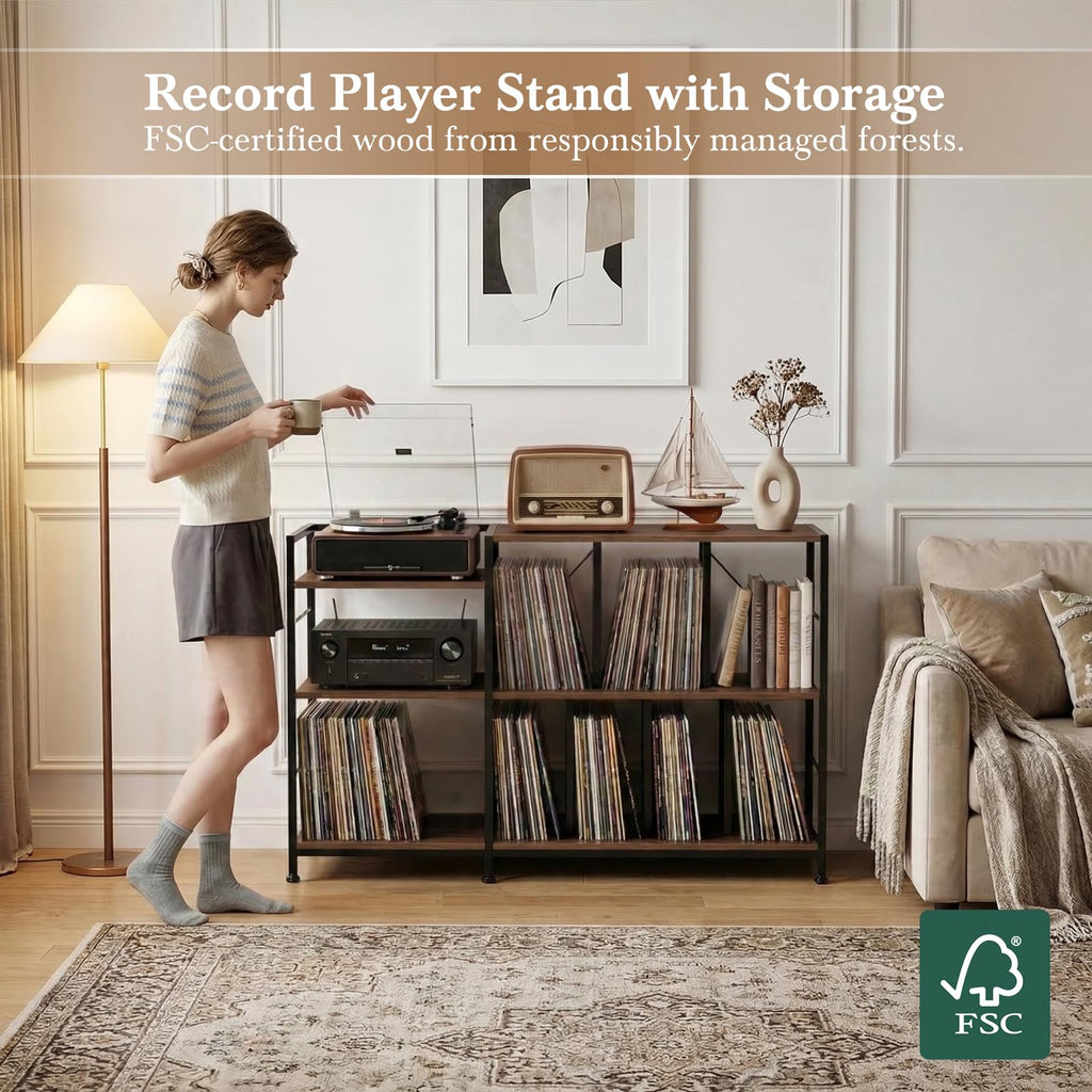 50 Inch Large Record Player Stand with vinyl Storage, Walnut