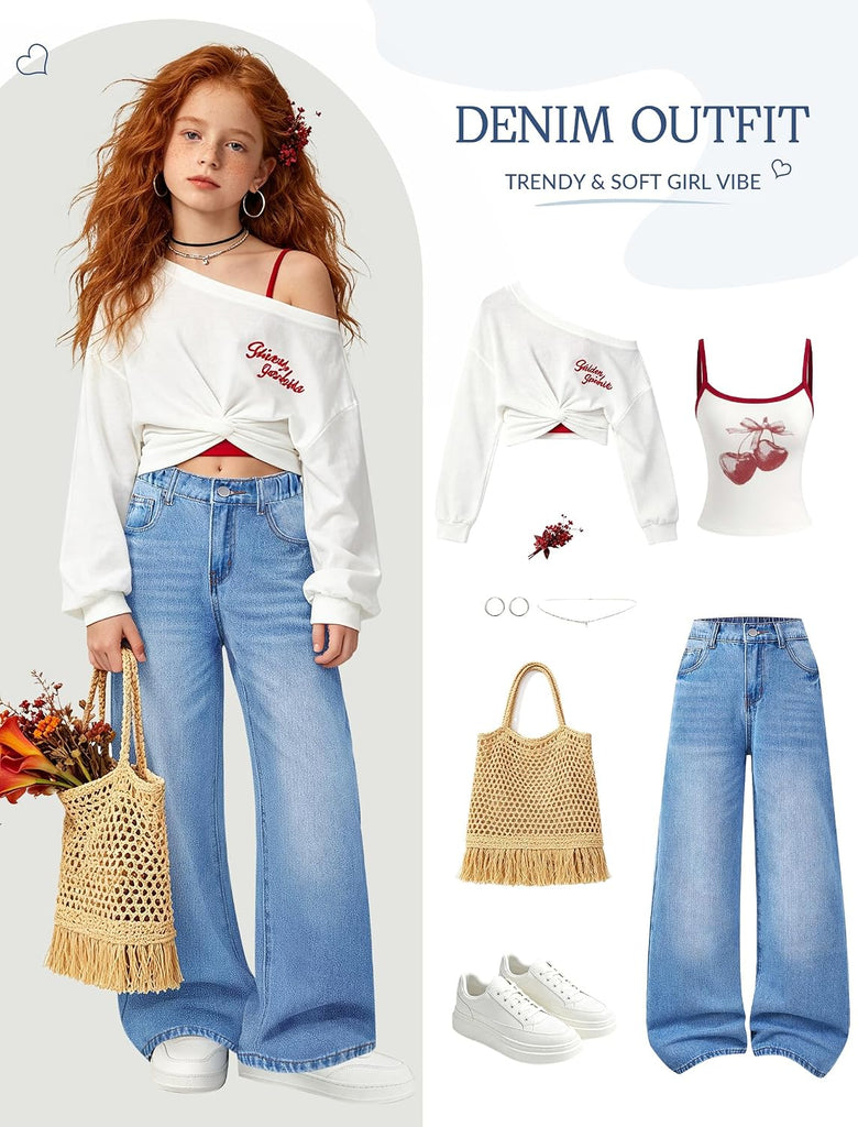 Girls Baggy Jeans Wide Straight Leg High Elastic Waisted Denim Pants Fashion Y2k Boyfriend Skater Streetwear