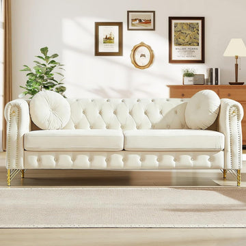82" Velvet Chesterfield 3-Seater Sofa with Rolled Arms & Nailhead Trim, Modern Upholstered Button Tufted Couch with