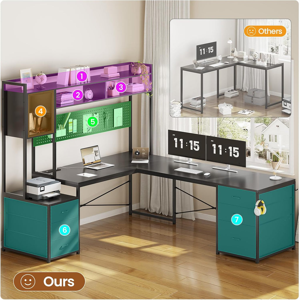 Reversible L Shaped Gaming Desk with 6 Drawers, Hutch, Led Lights | Computer Corner Desk with File Drawer, Storage