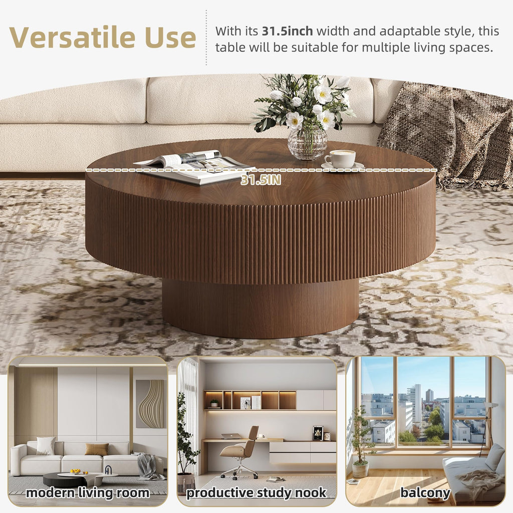 31.5" Round Fluted Coffee Table, Modern Wood Circle Drum Center Table, Accent Side Table with Sturdy Pedestal, Walnut