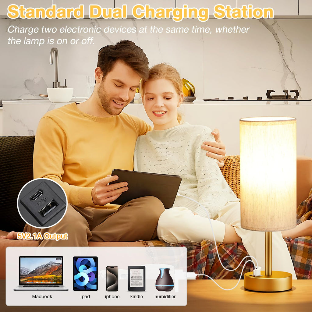 Bedside Table Lamp - 3-Way Dimmable Touch Lamp, USB A+C