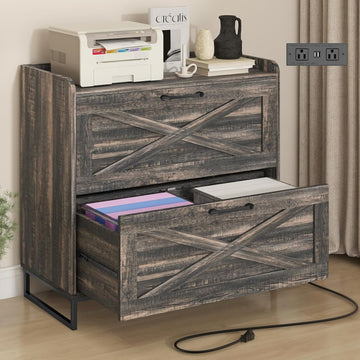 2 Drawer Lateral File Cabinet with Charging Station, Dark Oak | Filing Cabinet for Letter/Legal/A4 Size Hanging