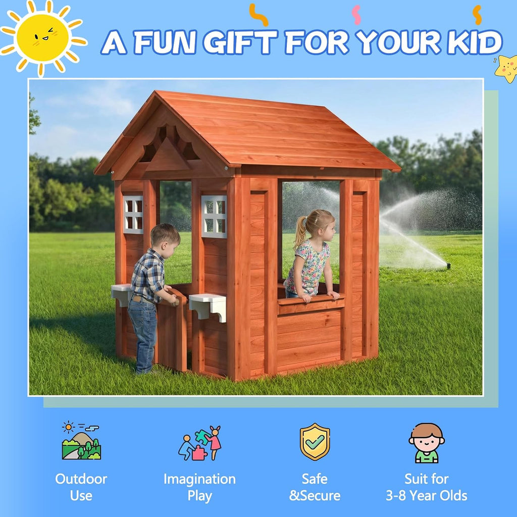 Wooden Kids Playhouse, Solid Firwood Outdoor Playhouse with 2 Windows, Flowerpot Holder & Snack Window for Backyard