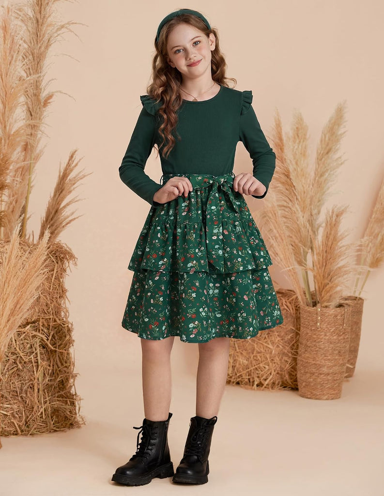 Girls Long Sleeve Dress Floral Fall Winter Church Casual