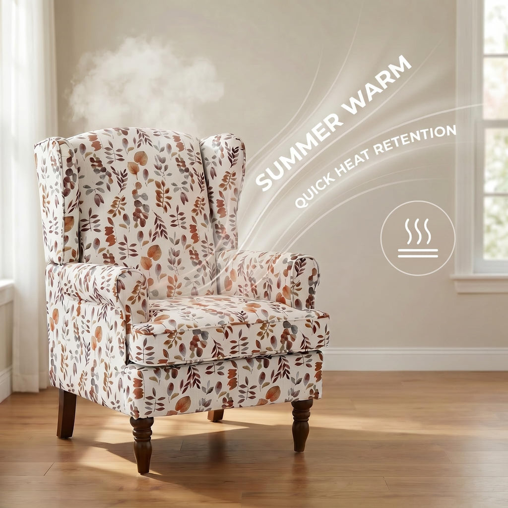 Mid Century Wingback Chair with Retro Wooden Legs Floral Yellow