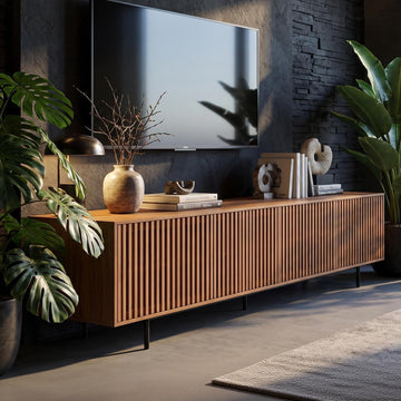 86.61" TV Stand with Slatted Doors, Media Console for 75+ TVs