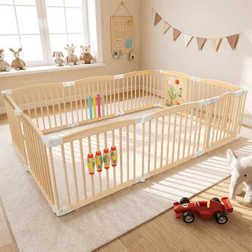 Wooden Baby Playpen, 60"×89"×25" 10-Panel Foldable Wood Play Yard with 3 Montessori Toys for Toddlers, Adjustable