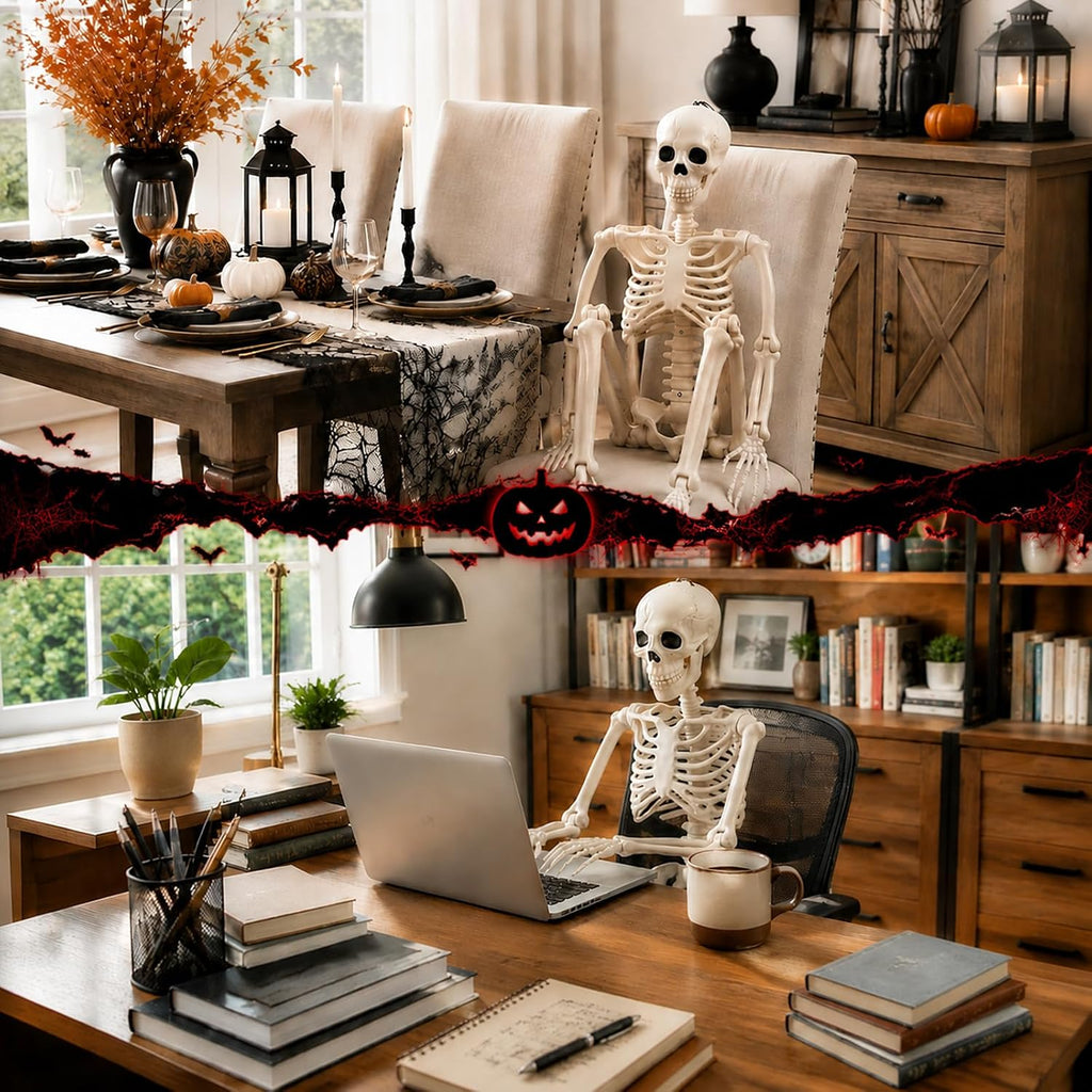 36'' Halloween Skeleton Decoration with Skeleton Dog, Cape and Pumpkin Bag