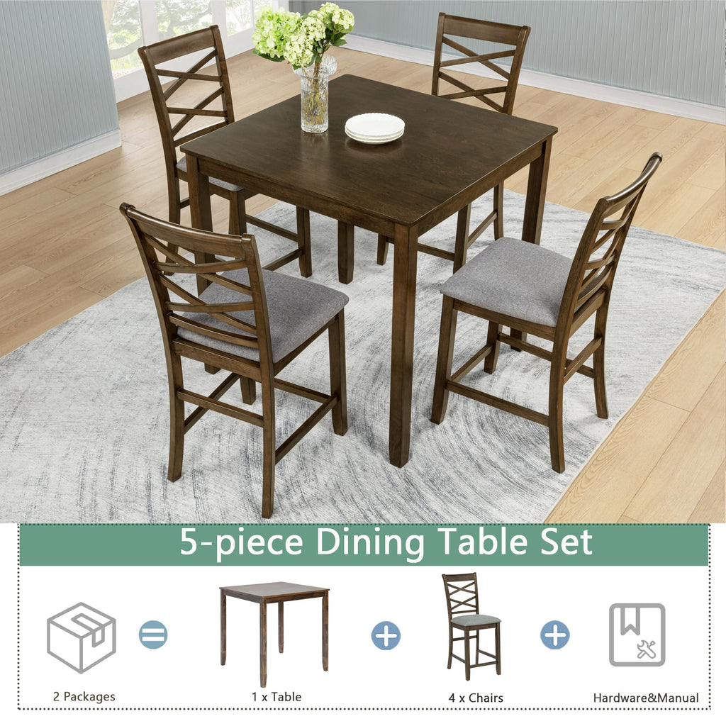 Counter Height Dining Table Set 5-Piece, 34.5" Square Wooden Table & 4 Upholstered Chairs, Modern Walnut Finish