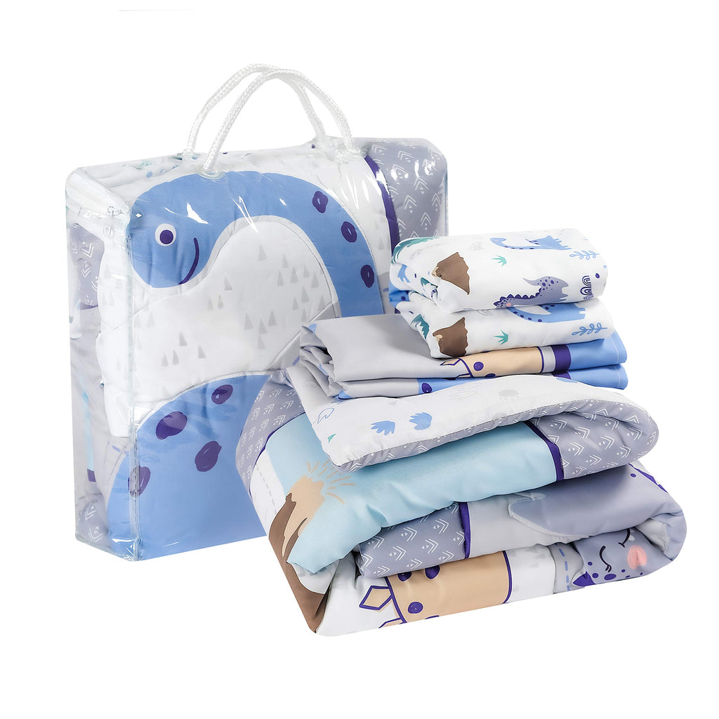 Baby Crib Bedding Set for Boys - Dinosaur 3 Piece Standard Size Nursery Crib Comforter Set, Grey/Blue - Unisex Baby