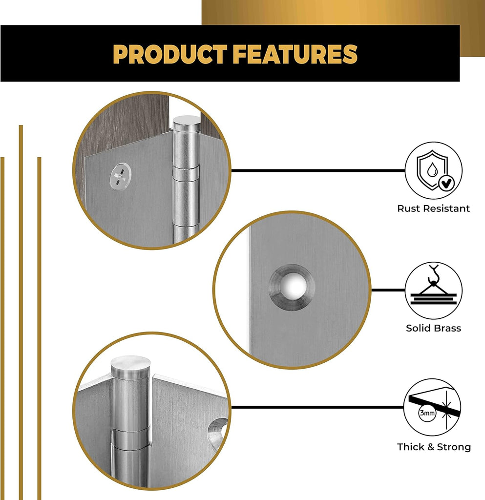 Solid Brass Door Hinge Heavy Duty Ball Bearing Matte Silver 3.5 x 3.5 Inch - Set of 3 Hinges (Satin Nickel)