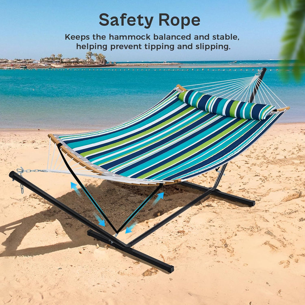 Hammock with Stand, 2 Person Heavy Duty Hammock with Padded Cotton, Detachable Pillow & Strong Curved-Bar & Portable