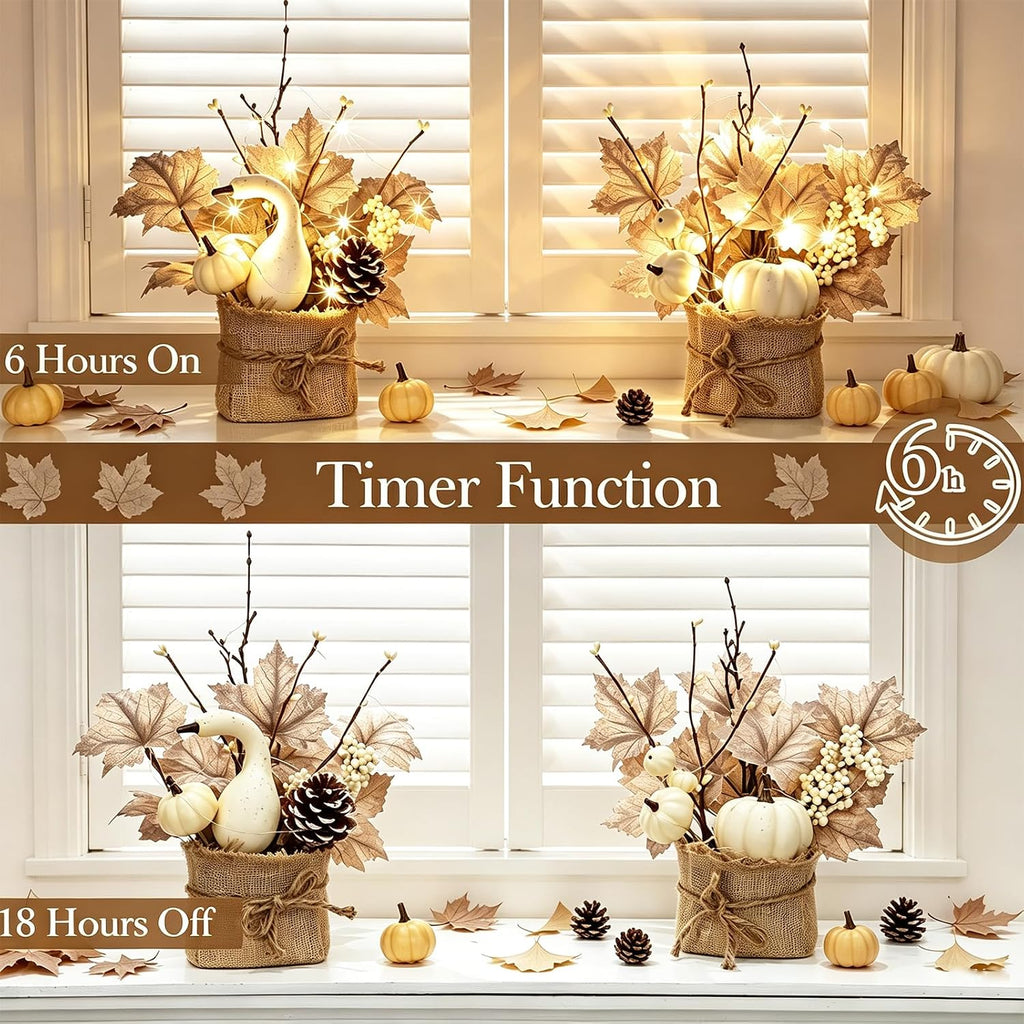 [Light & Timer] Fall Decor 2 Pack Fall Table Centerpieces with 20 LED Tabletop Maple Tree Pumpkin Pinecone Berry - Set of 2