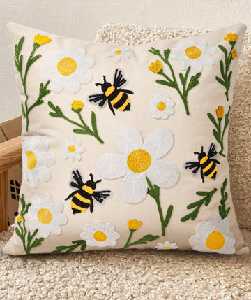 Embroidered Throw Pillow Cover 18x18 Inch, Flower Bee