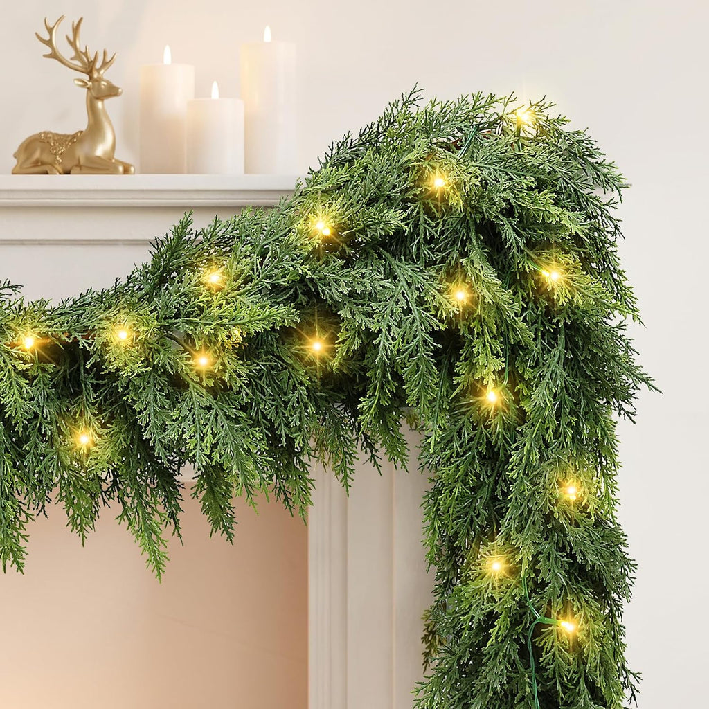 18 FT (2 * 9FT) Cedar Garland with Lights - Realistic Prelit Christmas Garlands for Mantle, Stairs, Fireplace, Indoor