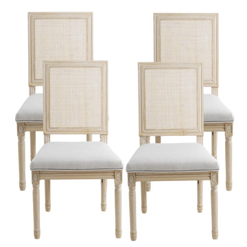Farmhouse Dining Chairs Set of 4, Rectangle Rattan Back French Country Dining Room Chairs Vintage Fabric Upholstered