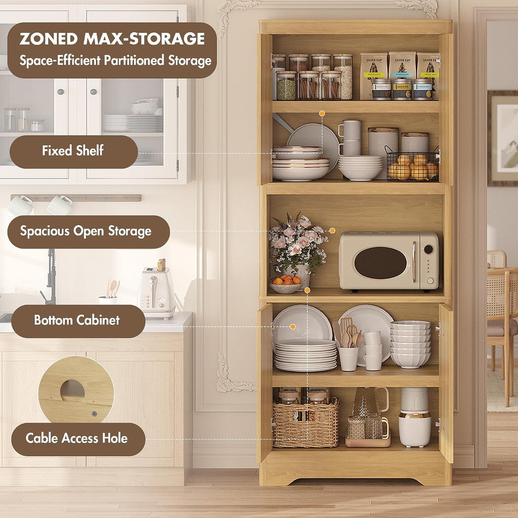72" Tall Pantry Cabinet, Kitchen Hutch Storage Cabinet with Countertop for Microwave, Freestanding Wooden Cupboard