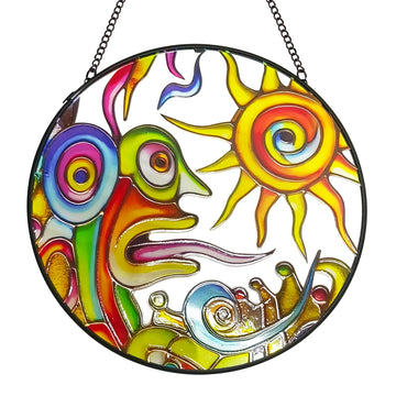 Artistic Sunrise Suncatcher Stained Glass Window Hanging, 7.9'' Abstract Sun Face Suncatchers Garden Hangings with