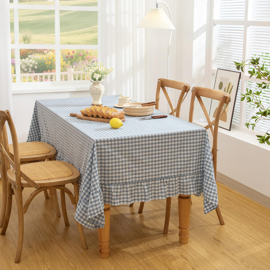 Dusty Blue Gingham Tablecloth 52 x 70 Inch, Cotton Plaid Tablecloth