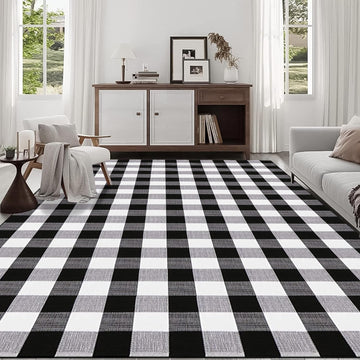 Buffalo Plaid Rug 5. .5'Black and White Area Rug,Washable Cotton Woven Indoor/Outdoor Rug for Farmhouse/Dining