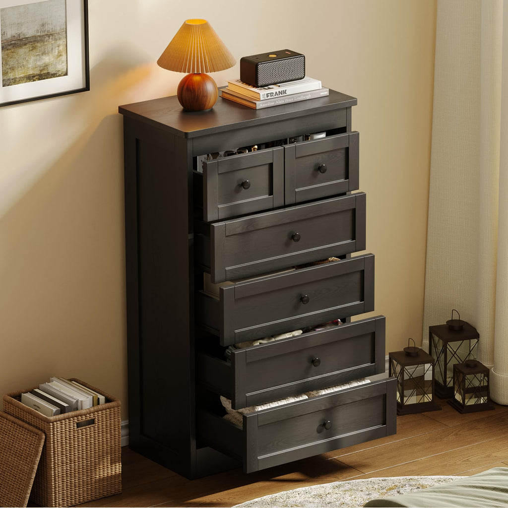 Tall 6 Drawer Dresser, Black Modern 43.3'' Tall Wood Chest of Drawers, Storage Organizer with Smooth Metal Rails &