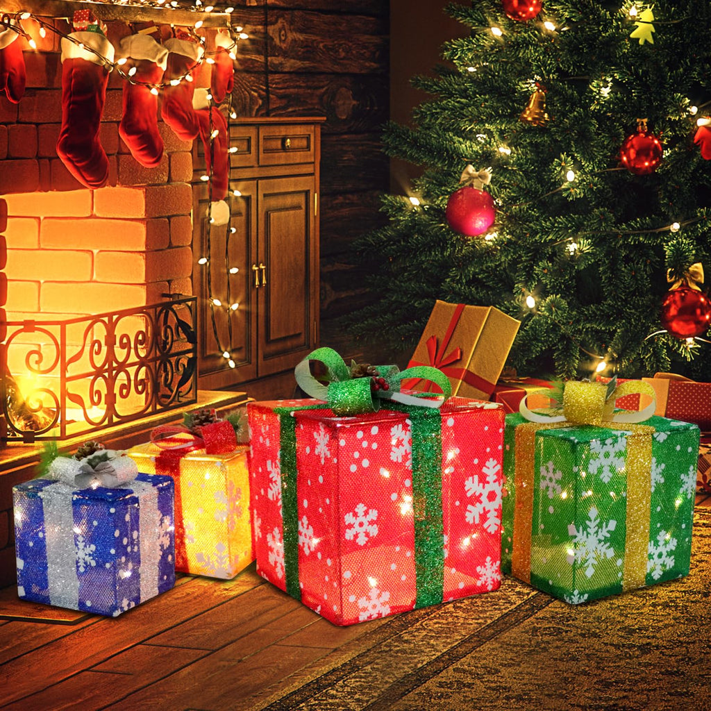 Set of 4 Christmas Lighted Gift Boxes, 70 Led Light Up Colorful Iron Frame Present Box with Pine Cones Bows for Xmas