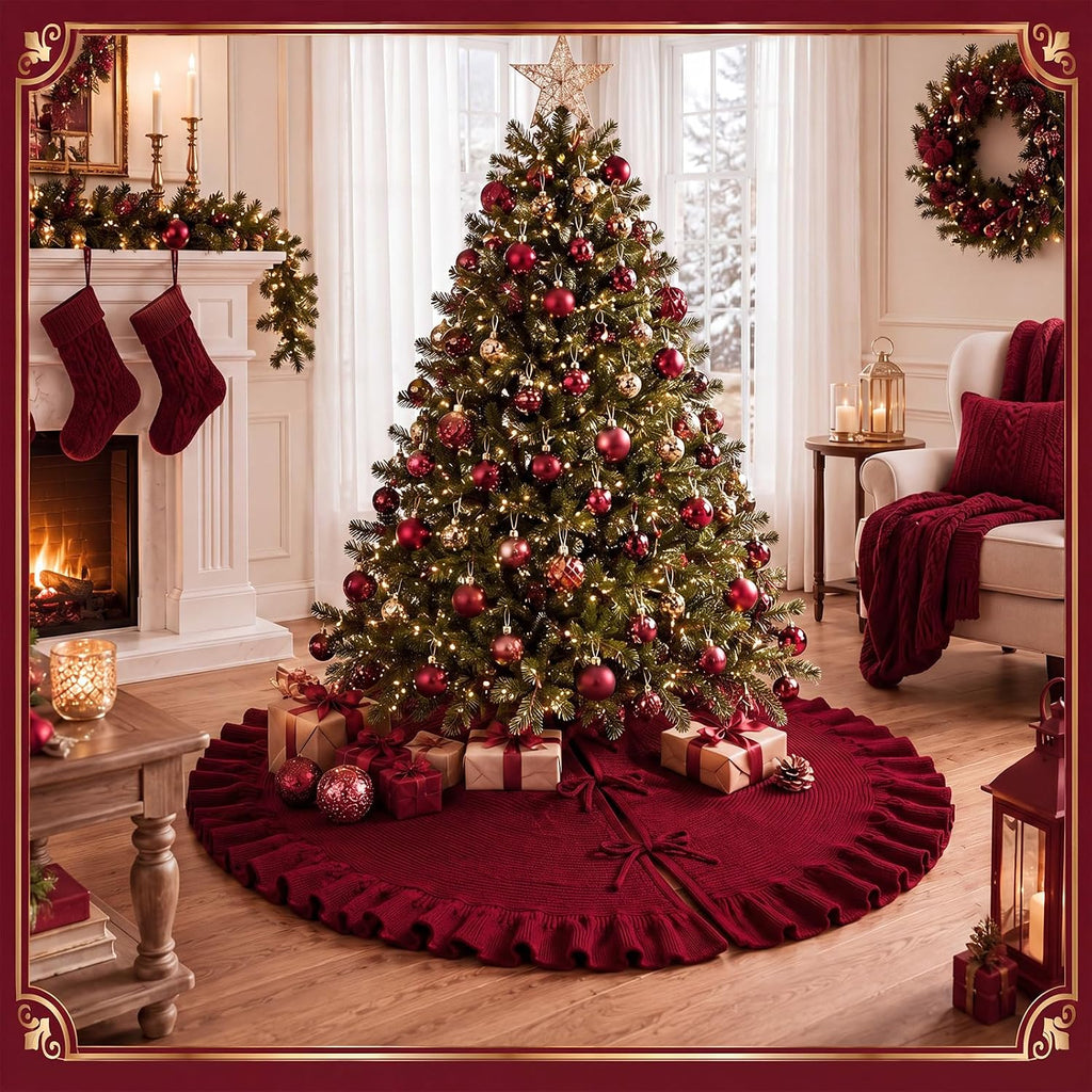 Burgundy Knit Christmas Tree Skirt with Ruffle, 48 Inch