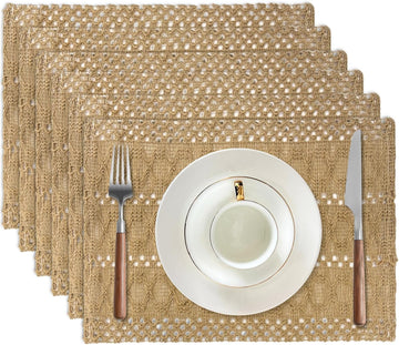 Burlap Placemats, 12x18 Inch Natural Cotton Jute and Kitchen Woven Placemats with Tassels for Dining Table - Set of 6