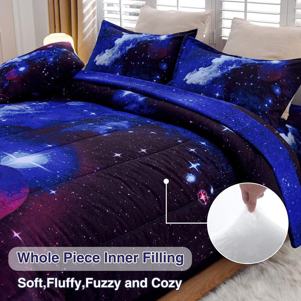 Galaxy 6Pcs Bedding Sets Outer Space Comforter Bed in a Bag 3D Printed Quilt,for Children Boy Girl Teen Kids,Full 6Pcs