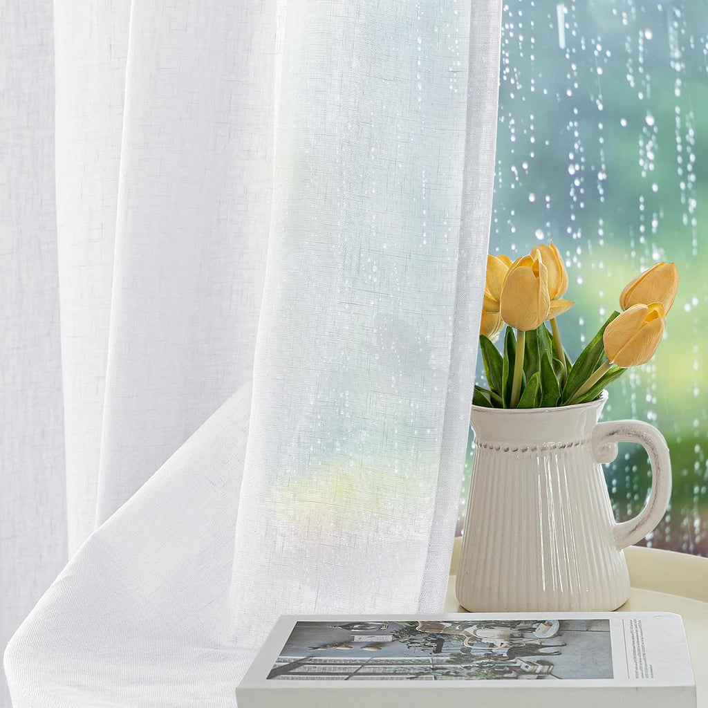 Semi Voile White Sheer Outdoor Curtains 4 Pcs 54x108 In | Light Filtering, Grommet Top Faux Linen Outdoor Dining