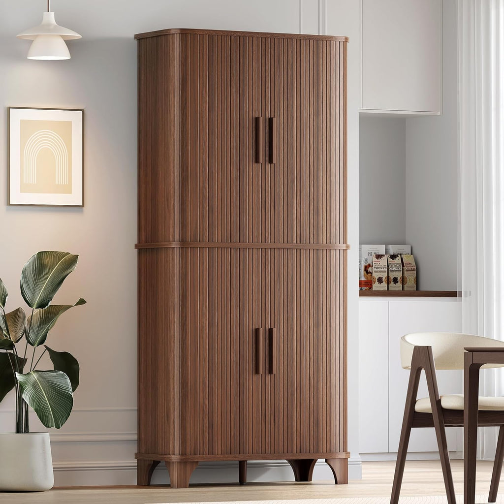 69" Tall Kitchen Pantry Storage Cabinet with Sliding Door, Modern Curved Edge Pantry Storage Cabinet with 5 Shelves