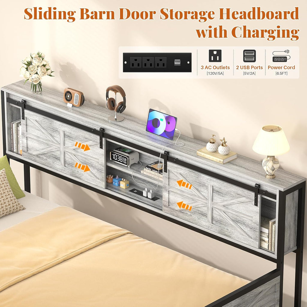 Farmhouse Twin Daybed with Pop-Up Trundle, Light Oak | Metal Trundle Bed Frame with Bookcase Headboard, Twin to King