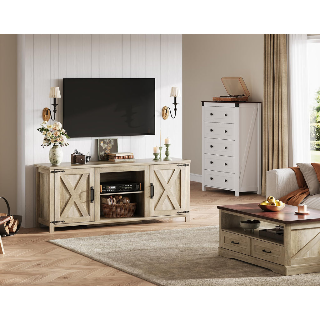 Farmhouse TV Stand for TVs Up to 65", Entertainment Center, Gray Oak