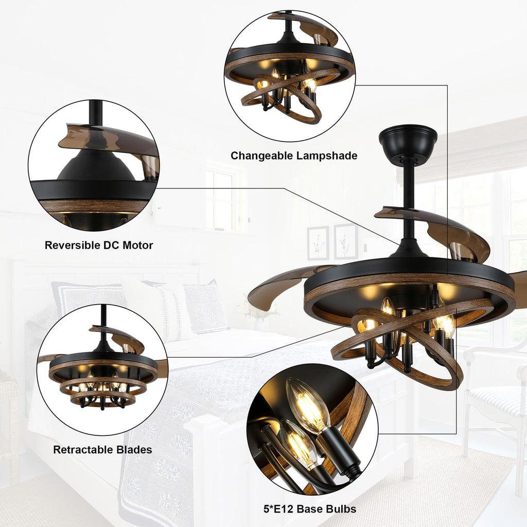 42 Inch Retractable Ceiling Fan with Lights Rustic Fandelier, Remote Control Farmhouse Fandalier, DIY Lampshade