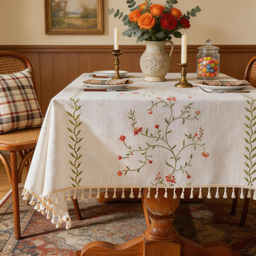 Summer Pink Floral Table Cloth Rectangle Table, Embroidery Heavy Duty Cotton Linen Tablecloth, Farmh