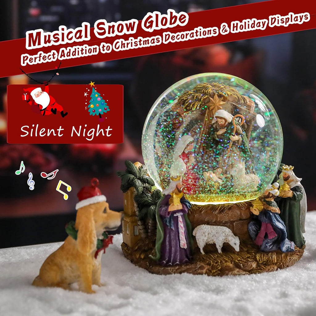 Christmas Snow Globe, Musical Nativity Snow Globes Color Changing Swirling Glitter Battery Operated Jesus Lighted