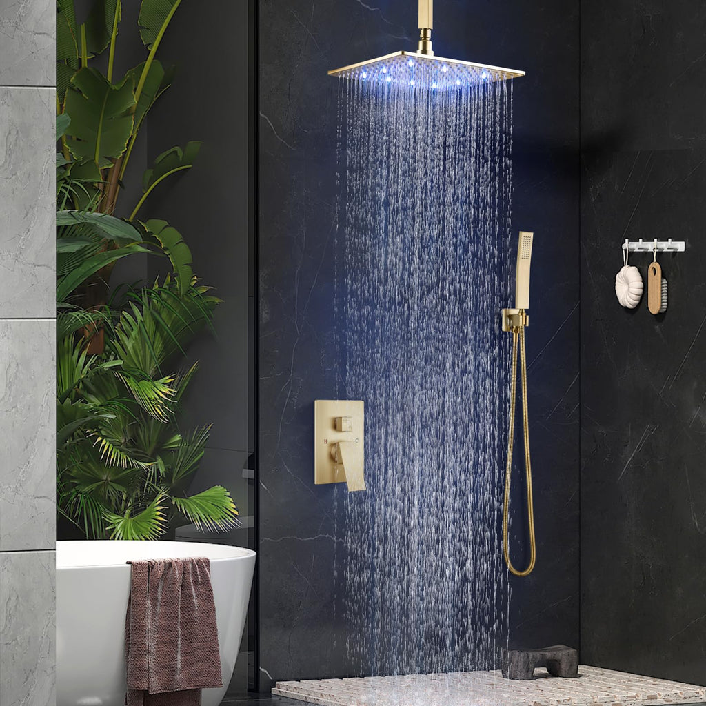 Ceiling Shower Faucet Set with Handheld 12" LED Head Brushed Gold